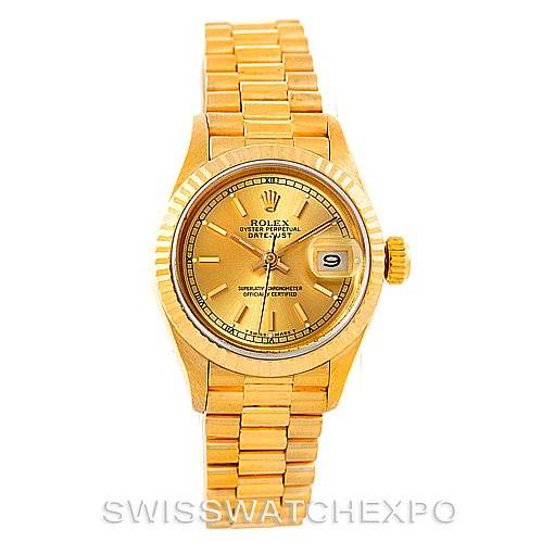 The image shows a Rolex President 69178 Women's Yellow Gold Champagne Dial 69178 Women's Yellow Gold Champagne Dial model watch from a top-down angle, displaying the dial, bezel, and bracelet.