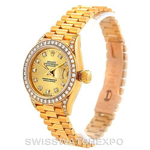 This image shows a side and front angle of a Rolex President 69158 Women's Yellow Gold Champagne Dial 69158 Women's Yellow Gold Champagne Dial model watch, highlighting its gold bracelet, diamond bezel, and dial.