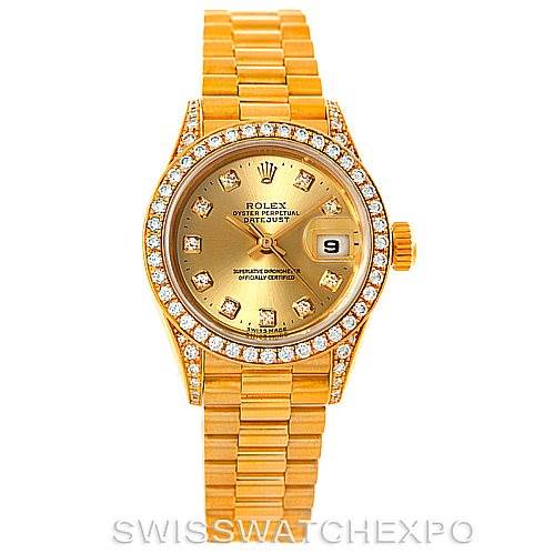 The image shows a frontal view of a Rolex President 69158 Women's Yellow Gold Champagne Dial 69158 Women's Yellow Gold Champagne Dial model watch, displaying the dial, bezel, bracelet, and crown.