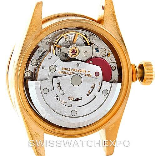 The image shows the inner mechanism and movement of a Rolex President 69158 Women's Yellow Gold Champagne Dial 69158 Women's Yellow Gold Champagne Dial model watch, viewed from the back without the case back.