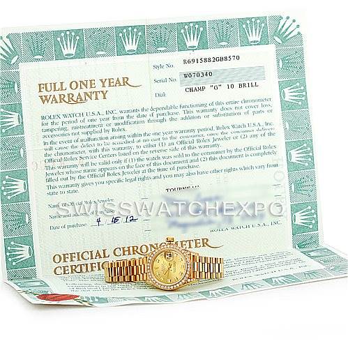 The image shows a Rolex President 69158 Women's Yellow Gold Champagne Dial 69158 Women's Yellow Gold Champagne Dial model watch placed on top of its warranty certificate and official chronometer certification.