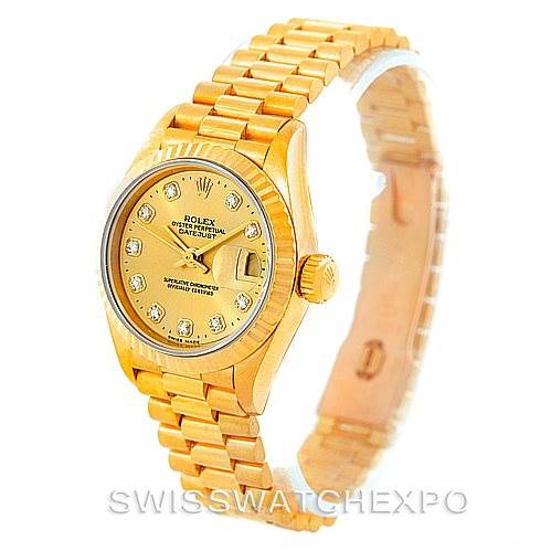 The image shows a Rolex President 69178 Women's Yellow Gold Champagne Dial 69178 Women's Yellow Gold Champagne Dial watch at a three-quarter angle, displaying the dial, bezel, crown, and bracelet.