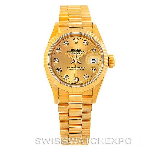 This image shows a frontal view of the Rolex President 69178 Women's Yellow Gold Champagne Dial 69178 Women's Yellow Gold Champagne Dial model watch, displaying its gold bracelet, diamond hour markers, and date window.
