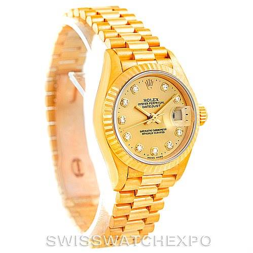 The image shows a Rolex President 69178 Women's Yellow Gold Champagne Dial 69178 Women's Yellow Gold Champagne Dial model watch from an angled side view, highlighting the watch's face, band, and crown.