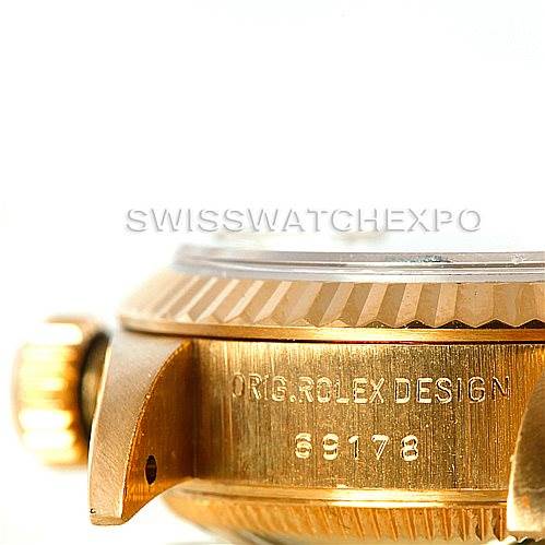 The image shows a close-up side view of the case and crown of a Rolex President 69178 Women's Yellow Gold Champagne Dial 69178 Women's Yellow Gold Champagne Dial model, highlighting the engravings "ORG. ROLEX DESIGN 69178".