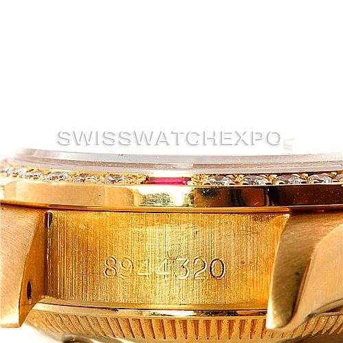 This close-up image shows the side of a Rolex President 69178 Women's Yellow Gold Champagne Dial 69178 Women's Yellow Gold Champagne Dial model watch, displaying part of the case and visible serial number.