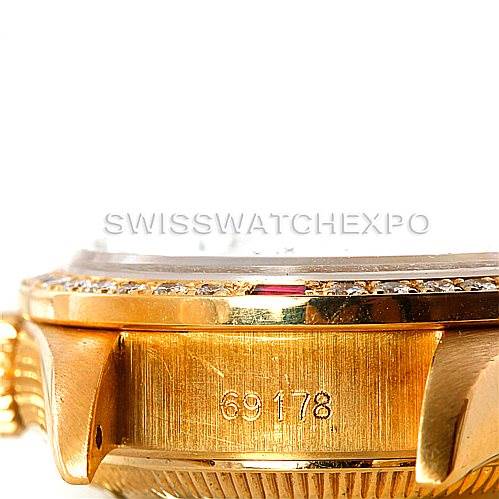 The image shows a close-up of the case side and bezel of a Rolex President 69178 Women's Yellow Gold Champagne Dial 69178 Women's Yellow Gold Champagne Dial model watch, highlighting its diamond-encrusted bezel and model number 69178.