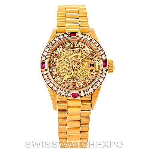 The image shows a front view of the Rolex President 69178 Women's Yellow Gold Champagne Dial 69178 Women's Yellow Gold Champagne Dial model watch, highlighting its gold bracelet, diamond bezel, and date display.