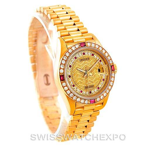 The image shows a Rolex President 69178 Women's Yellow Gold Champagne Dial 69178 Women's Yellow Gold Champagne Dial model watch at a slight angled side view, highlighting its gold bracelet, jeweled bezel, and detailed dial.
