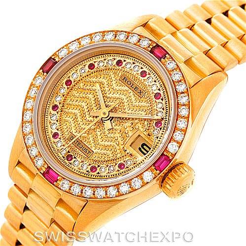 This image shows a close-up of a Rolex President 69178 Women's Yellow Gold Champagne Dial 69178 Women's Yellow Gold Champagne Dial model watch, highlighting the dial, bezel, and bracelet from an angled perspective.