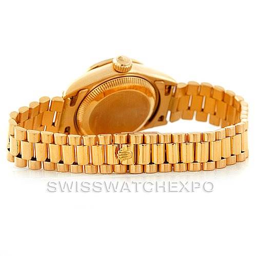The image shows the back view and bracelet of a Rolex President 69178 Women's Yellow Gold Champagne Dial 69178 Women's Yellow Gold Champagne Dial model watch.