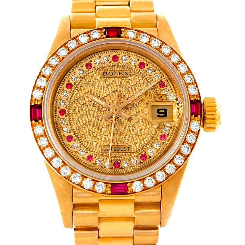 Rolex President Ladies 18k Yellow Gold Diamonds Rubies Watch 69178 ...