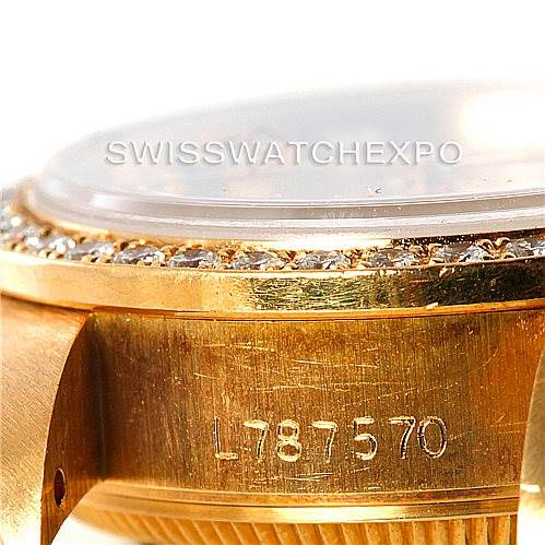 The image shows a close-up side view of the Rolex President 69138 Women's Yellow Gold Champagne Dial 69138 Women's Yellow Gold Champagne Dial model watch, focusing on the bezel and part of the case.