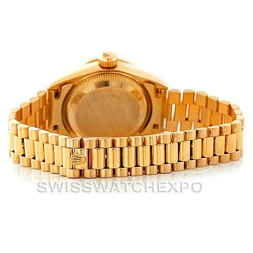 This image shows the back case and bracelet of the Rolex President 69138 Women's Yellow Gold Champagne Dial 69138 Women's Yellow Gold Champagne Dial model watch, viewed from a rear angle.