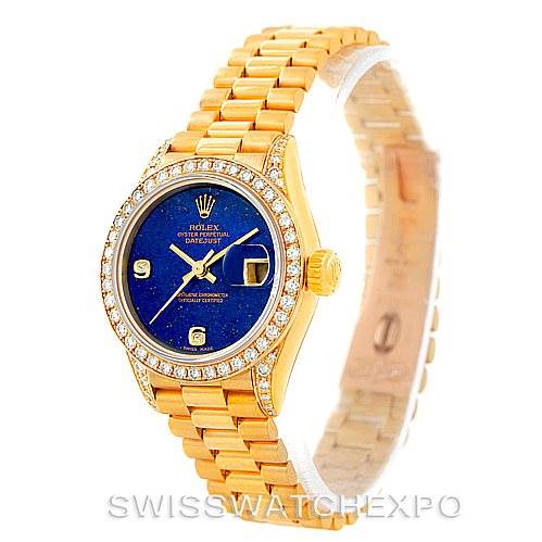 The image shows a Rolex President 79158 Women's Yellow Gold  79158 Women's Yellow Gold  model watch at an angled side view, detailing the dial, bezel, bracelet, and crown.