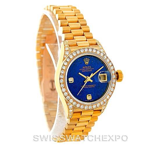 The image shows a Rolex President 79158 Women's Yellow Gold  79158 Women's Yellow Gold  model watch at a three-quarter angle, highlighting the bezel, face, bracelet, and crown.