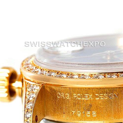The image shows a close-up angled view of a Rolex President 79158 Women's Yellow Gold  79158 Women's Yellow Gold  model, highlighting the gold case, crown, and diamond bezel.
