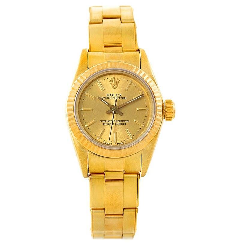 This image shows a front view of the Rolex President 67197 Women's Yellow Gold Champagne Dial 67197 Women's Yellow Gold Champagne Dial model watch, including the face, bezel, case, crown, and bracelet.