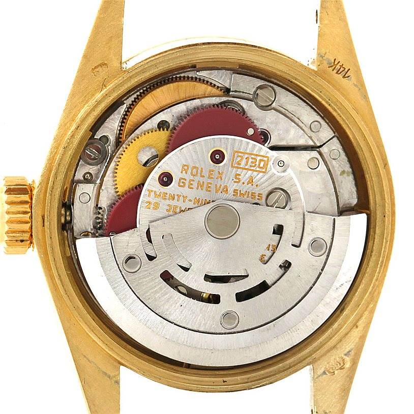 The image shows the internal mechanism and movement parts of a Rolex President 67197 Women's Yellow Gold Champagne Dial 67197 Women's Yellow Gold Champagne Dial model watch from the back.
