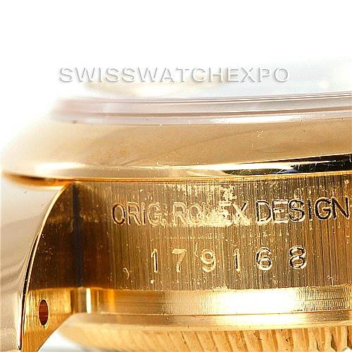 This is a close-up view of the case side, including the model number engraving, of a Rolex President 179168 Women's Yellow Gold Mother of Pearl Dial 179168 Women's Yellow Gold Mother of Pearl Dial watch.