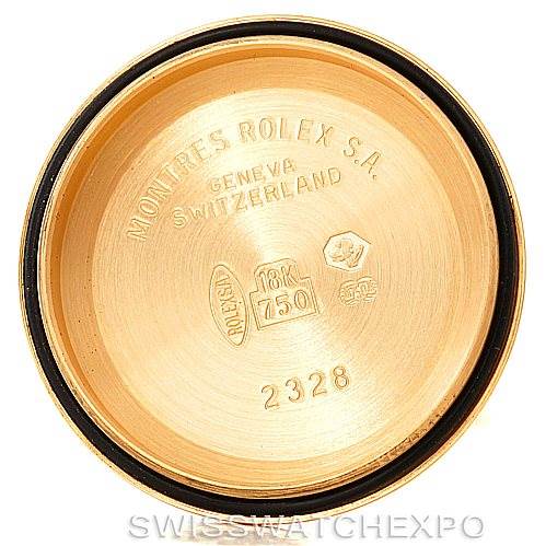 This image shows the inside of the case back of a Rolex President 179168 Women's Yellow Gold Mother of Pearl Dial 179168 Women's Yellow Gold Mother of Pearl Dial model watch, including branding and gold purity markings.