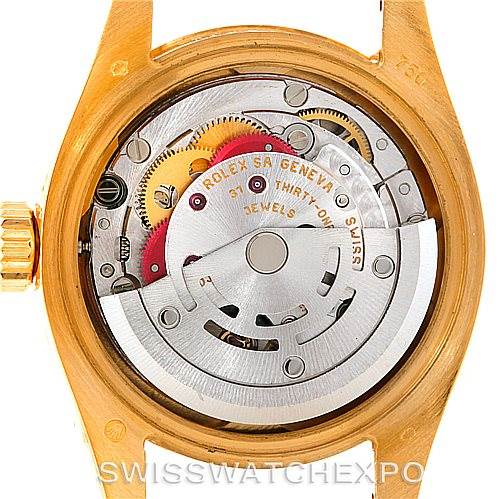 This image shows the back view of a Rolex President 179168 Women's Yellow Gold Mother of Pearl Dial 179168 Women's Yellow Gold Mother of Pearl Dial model watch, highlighting its exposed movement and internal mechanics.