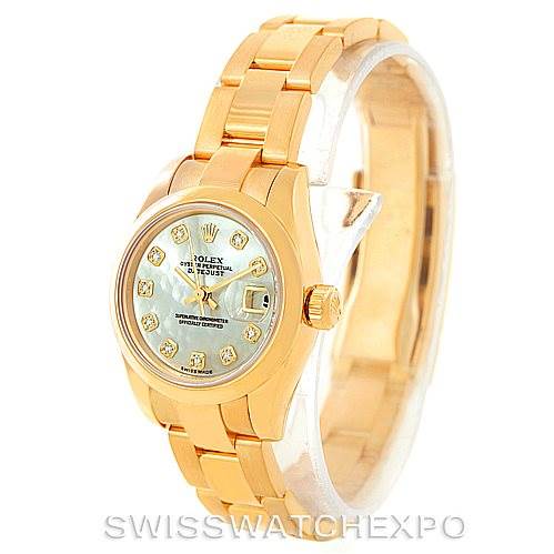 The image shows a Rolex President 179168 Women's Yellow Gold Mother of Pearl Dial 179168 Women's Yellow Gold Mother of Pearl Dial model watch from an angled front view, highlighting its dial, bezel, and bracelet.