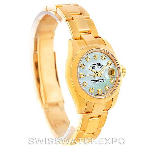 The image shows a Rolex President 179168 Women's Yellow Gold Mother of Pearl Dial 179168 Women's Yellow Gold Mother of Pearl Dial model watch from a front-left angle, highlighting the bracelet and face with diamond hour markers.