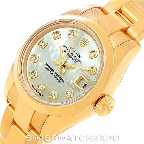 This Rolex President 179168 Women's Yellow Gold Mother of Pearl Dial 179168 Women's Yellow Gold Mother of Pearl Dial model watch is shown at an angled close-up view, highlighting its face, crown, and part of the band.