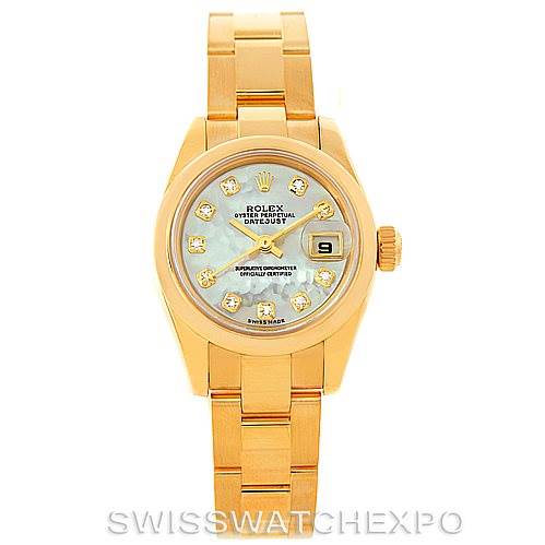 This image shows a front view of a Rolex President 179168 Women's Yellow Gold Mother of Pearl Dial 179168 Women's Yellow Gold Mother of Pearl Dial model watch, highlighting its face, dial, and bracelet.