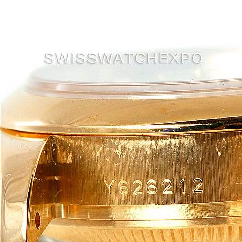 This image shows the side of the case and lugs of a Rolex President 179168 Women's Yellow Gold Mother of Pearl Dial 179168 Women's Yellow Gold Mother of Pearl Dial model, with its serial number visible.