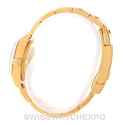 The image shows a side view of the President model by Rolex, highlighting the bezel, case, crown, and bracelet.