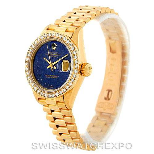 Rolex President Ladies 18k Yellow Gold Lapis Diamond Watch 69178 SwissWatchExpo