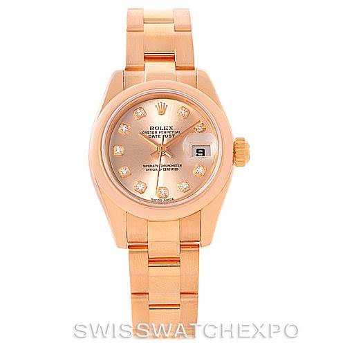 The image shows a frontal view of a Rolex President 179165 Women's Rose Gold Pink Dial 179165 Women's Rose Gold Pink Dial Datejust watch, highlighting its dial, bracelet, and date window.