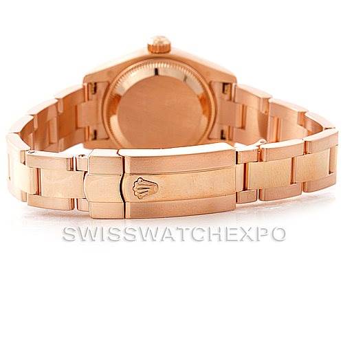 The image shows the back of a Rolex President 179165 Women's Rose Gold Pink Dial 179165 Women's Rose Gold Pink Dial model, including the case back and the bracelet.
