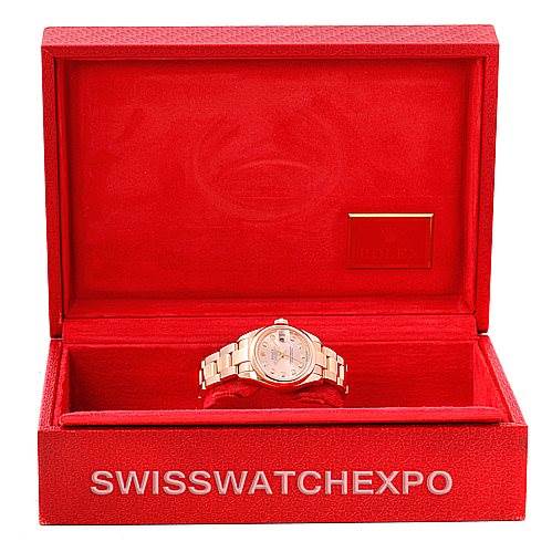 The image shows a Rolex President 179165 Women's Rose Gold Pink Dial 179165 Women's Rose Gold Pink Dial model watch facing forward inside a red presentation box.