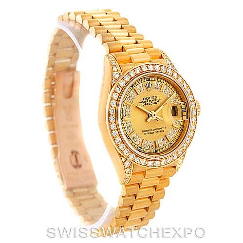 The Rolex President 69158 Women's Yellow Gold Champagne Dial 69158 Women's Yellow Gold Champagne Dial model watch is shown at an angled view, displaying the gold bracelet, diamond bezel, and detailed dial.
