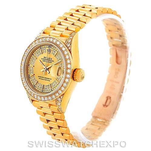 This image shows a side and front angle of a gold Rolex President 69158 Women's Yellow Gold Champagne Dial 69158 Women's Yellow Gold Champagne Dial model watch with a diamond-encrusted bezel and bracelet.