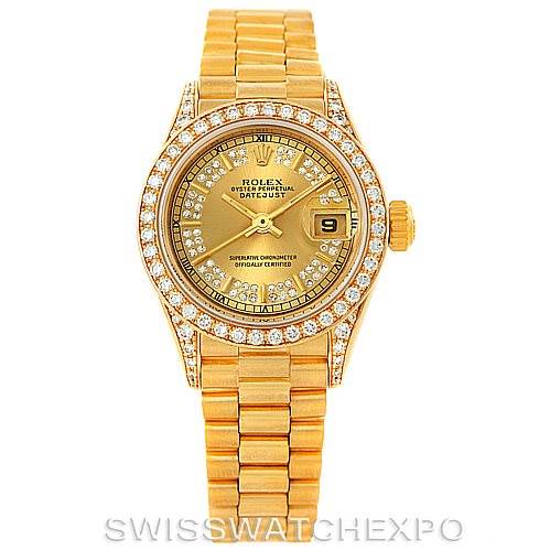 This image shows a Rolex President 69158 Women's Yellow Gold Champagne Dial 69158 Women's Yellow Gold Champagne Dial model watch from a front view, highlighting the face, bezel, and bracelet.
