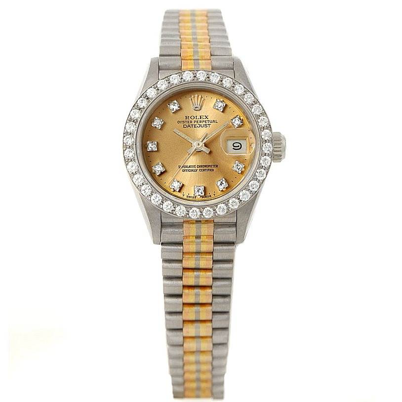 The image shows a front view of a Rolex President 69179B Women's White Gold Brown Dial 69179B Women's White Gold Brown Dial model watch, highlighting its dial, bezel, and bracelet.