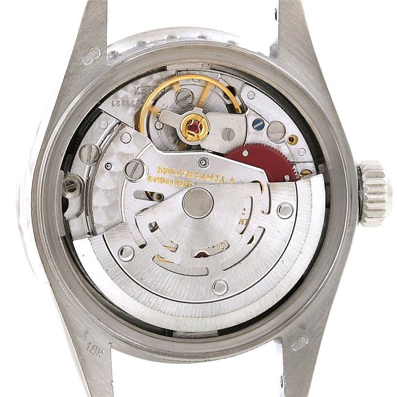 This image shows the inner mechanical movement of a Rolex President 69179B Women's White Gold Brown Dial 69179B Women's White Gold Brown Dial model watch from the back angle.
