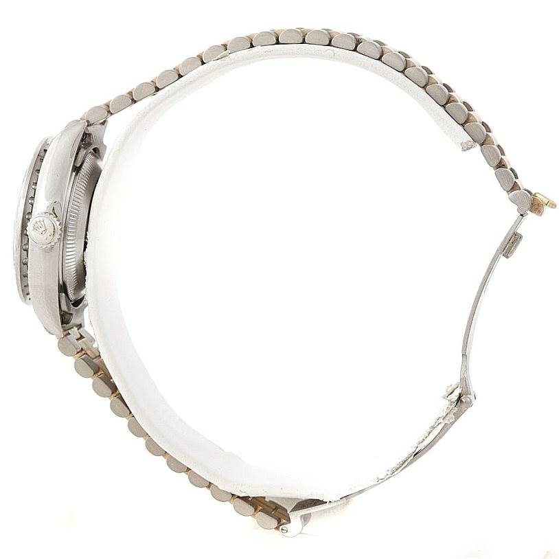 The image shows a side view of a Rolex President 69179B Women's White Gold Brown Dial 69179B Women's White Gold Brown Dial model watch, focusing on the crown and bracelet.