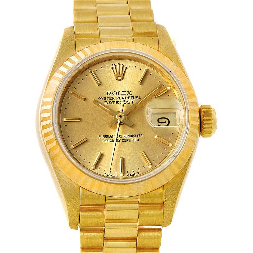 This image shows a front view of a Rolex President 69178 Women's Yellow Gold Champagne Dial 69178 Women's Yellow Gold Champagne Dial model watch, displaying its dial, hands, date window, bezel, and bracelet.