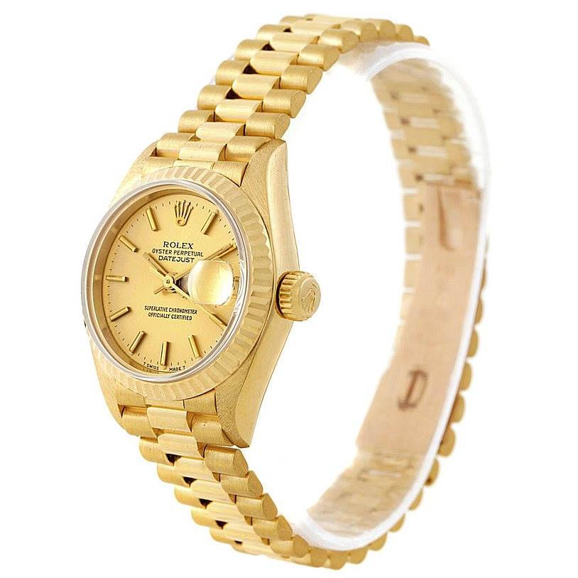 The image shows a Rolex President 69178 Women's Yellow Gold Champagne Dial 69178 Women's Yellow Gold Champagne Dial model watch at a slight angle, highlighting the gold case, fluted bezel, and bracelet.