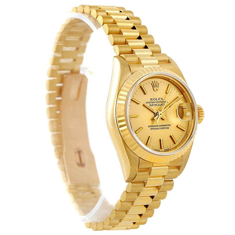 The Rolex President 69178 Women's Yellow Gold Champagne Dial 69178 Women's Yellow Gold Champagne Dial model watch is shown at an angled side view, highlighting the gold watch face, band, and crown.