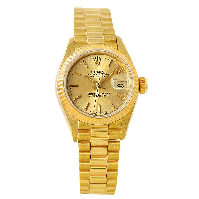 The image shows a front view of the Rolex President 69178 Women's Yellow Gold Champagne Dial 69178 Women's Yellow Gold Champagne Dial model, featuring its gold dial, fluted bezel, and the iconic President bracelet.