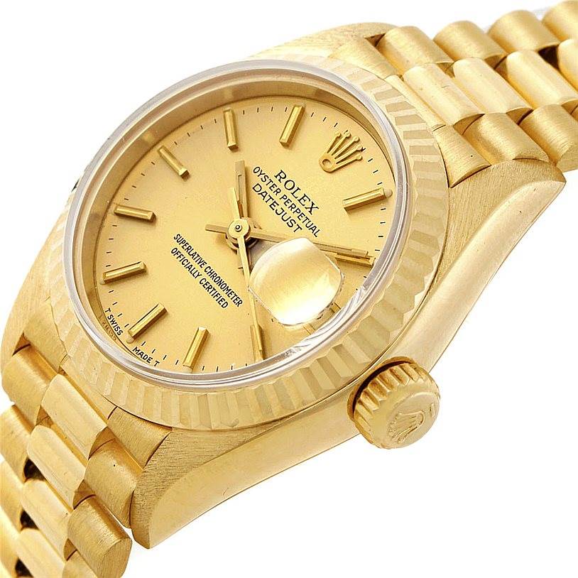 The image shows a close-up angled view of the dial, bezel, crown, and bracelet of a Rolex President 69178 Women's Yellow Gold Champagne Dial 69178 Women's Yellow Gold Champagne Dial model watch.