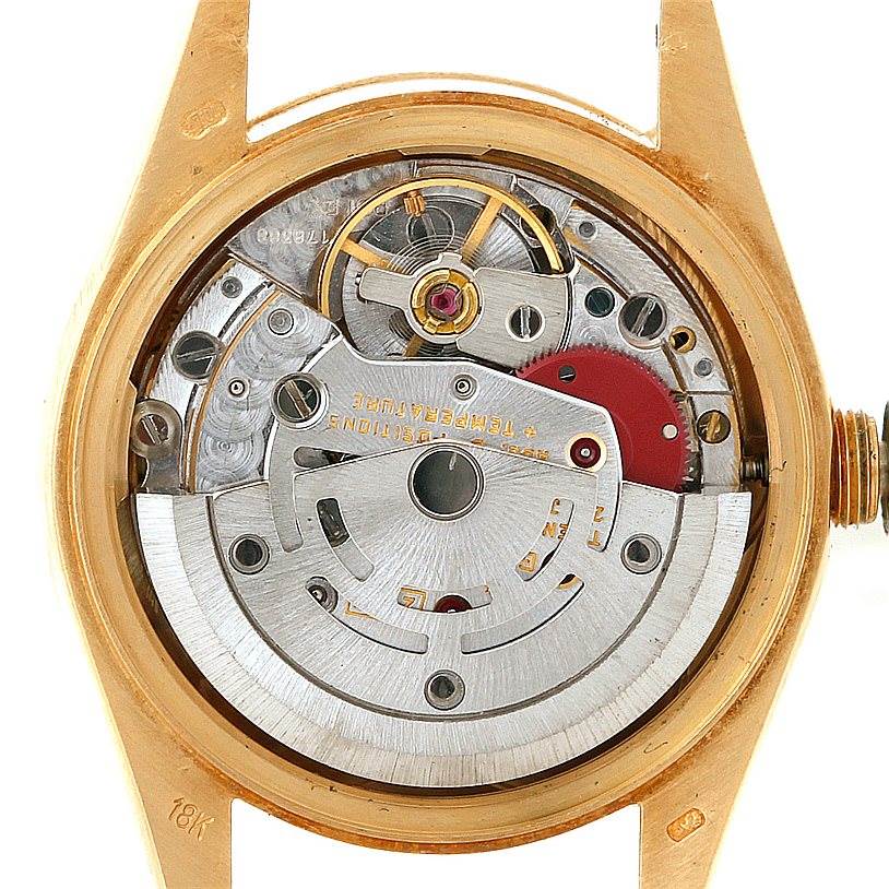 The image shows the internal mechanism of a Rolex President 69178 Women's Yellow Gold Champagne Dial 69178 Women's Yellow Gold Champagne Dial model watch viewed from the back without the case back.