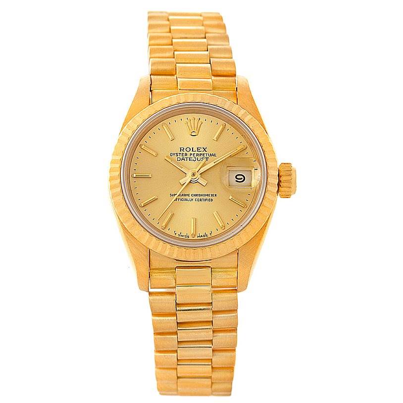 This image shows a full frontal view of a Rolex President 69178 Women's Yellow Gold Champagne Dial 69178 Women's Yellow Gold Champagne Dial model watch, highlighting its dial, bezel, and bracelet.