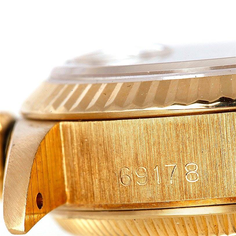 The image shows a close-up side view of a Rolex President 69178 Women's Yellow Gold Champagne Dial 69178 Women's Yellow Gold Champagne Dial model watch, highlighting the case and part of the bezel.